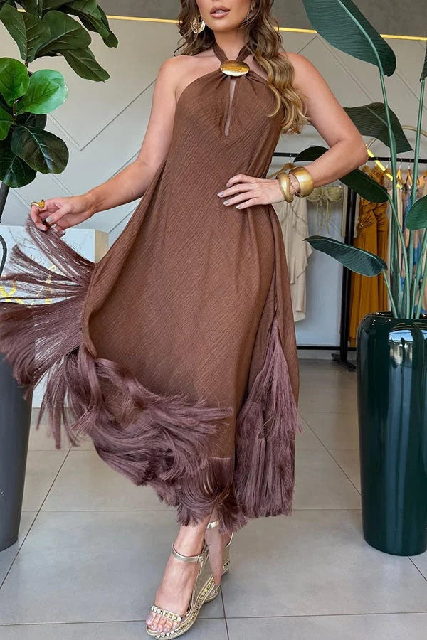 Vacation Vibe Metal Decoration Tassel Trim Halter Backless A-line Maxi Dress