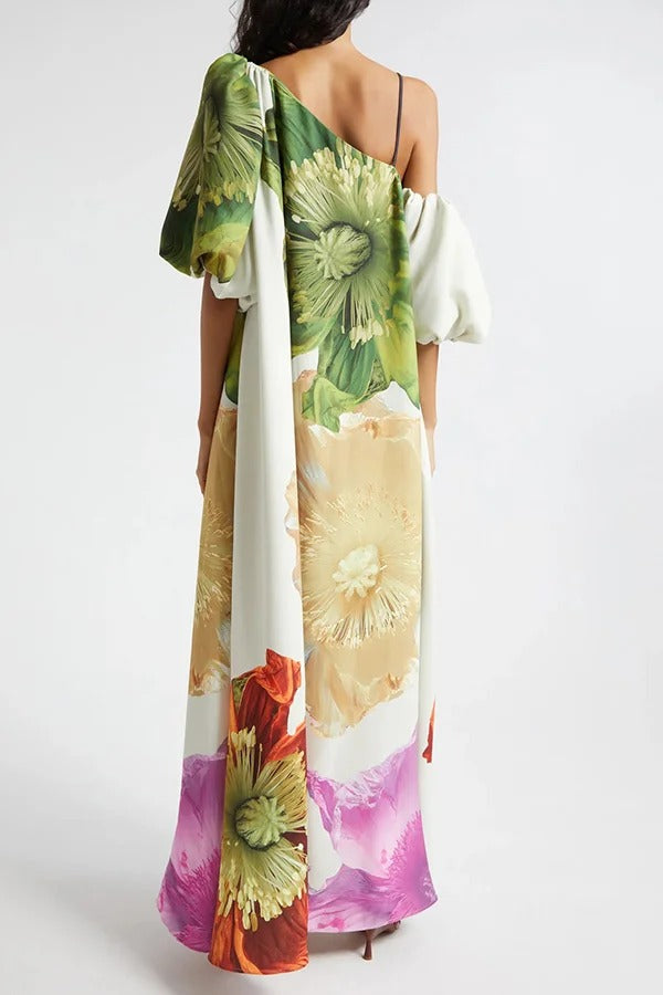 Floral Print Slant Collar Puff Sleeves Loose Holiday Maxi Dress