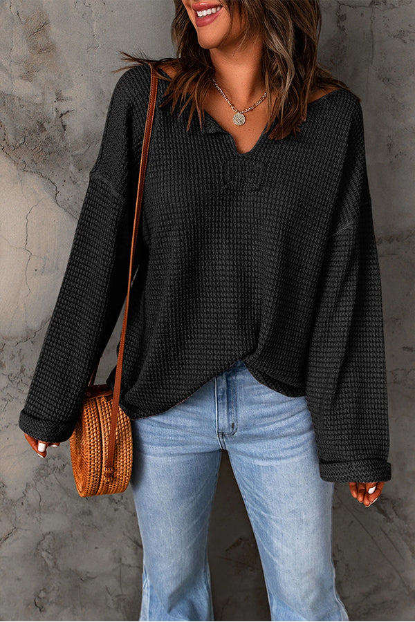 Dusk Blue Waffle Split V Neck Drop Shoulder Long Sleeve Top Black