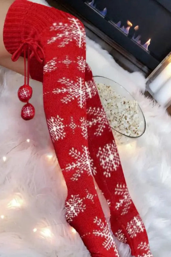 Christmas Snowflake Pom Pom Knee Length Socks Red ONE SIZE
