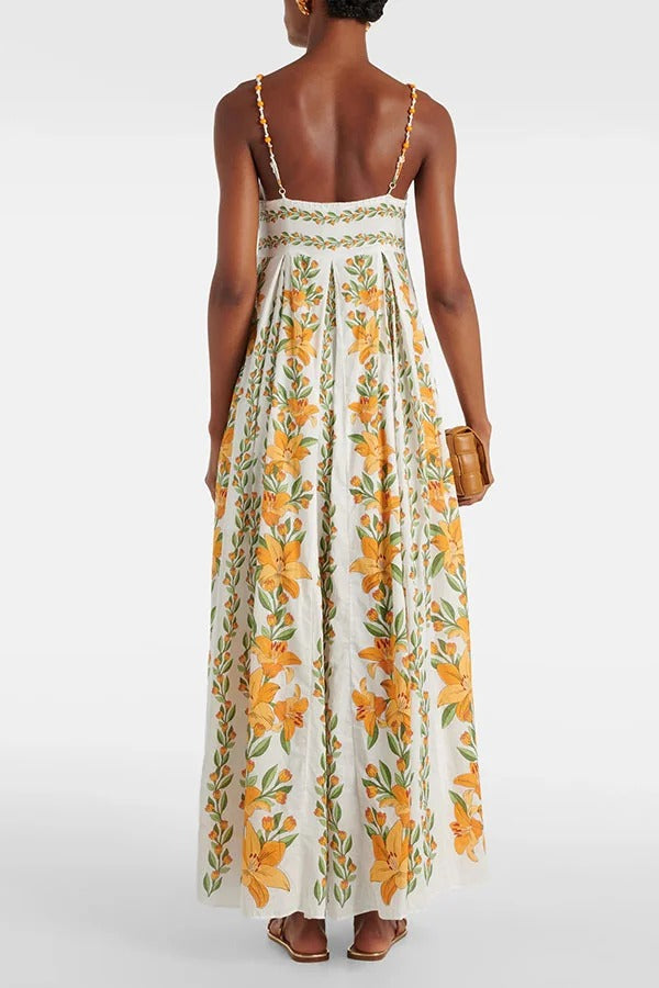Summer Dreamer Linen Blend Unique Print Beaded Straps Pocketed Maxi Dress