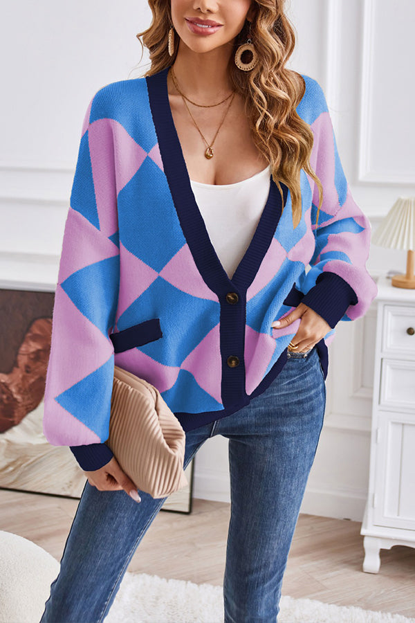 V-neck geometric patchwork contrasting knitted cardigan casual loose jacket Blue