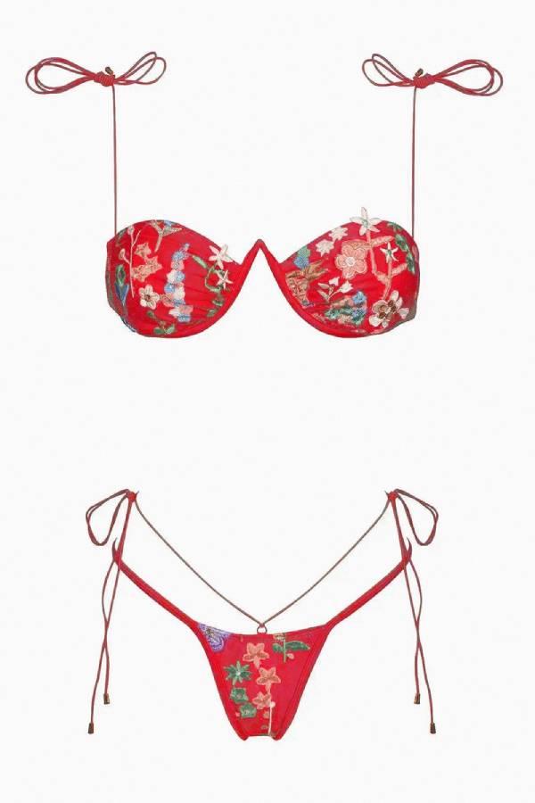 Embroidered Floral Thin Strap Tie Bikini Set