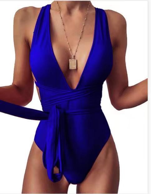 Deep V-neck Strap One-piece Swimsuit Navy blue