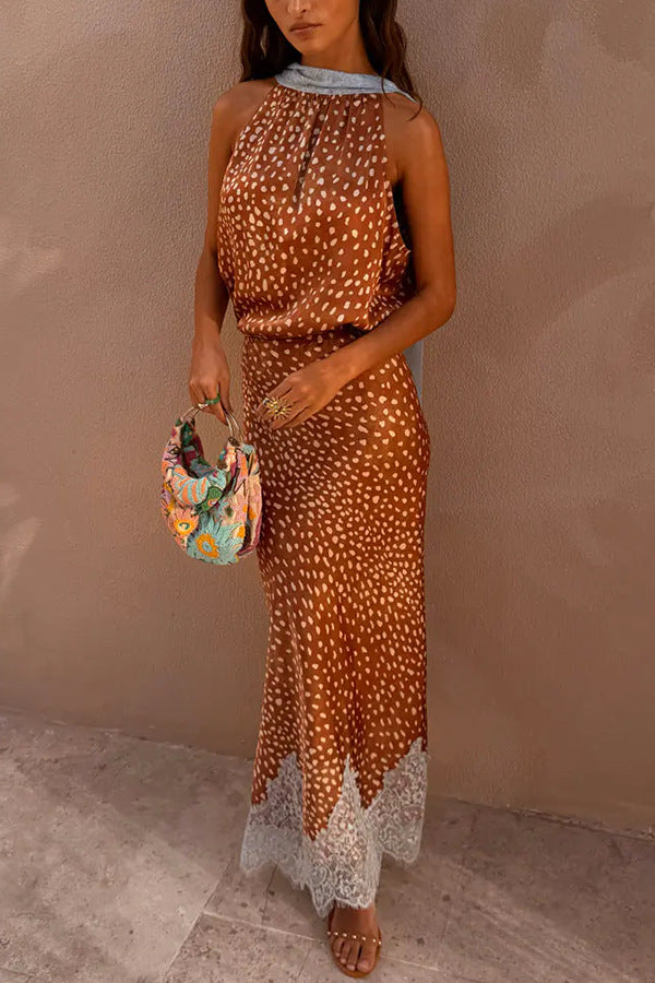 High Waist Straight Lace Trim Polka Dot Maxi Skirt