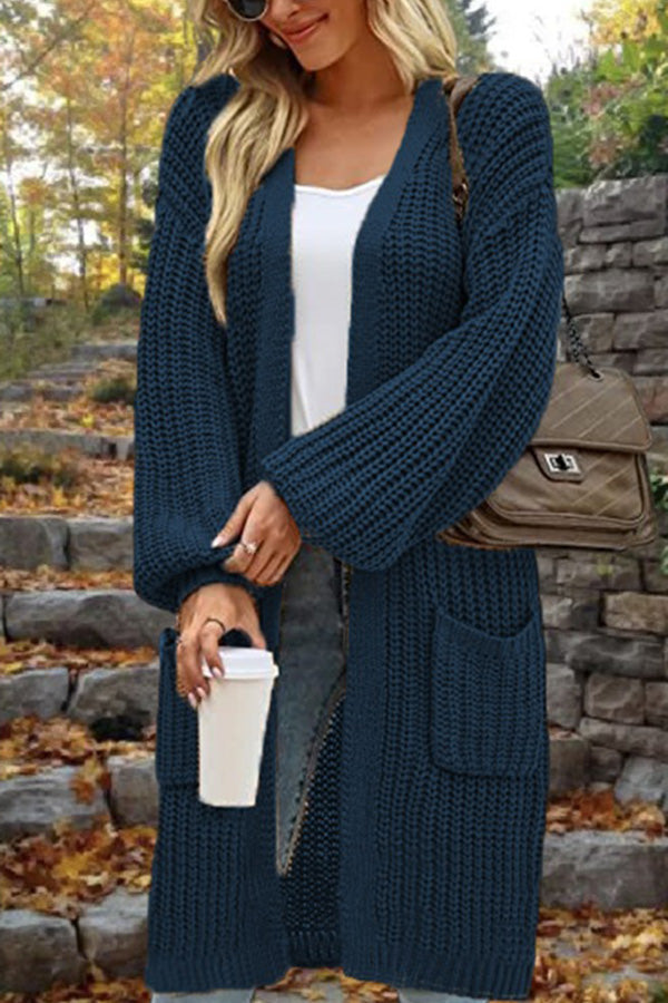 Mid-Length Loose Oversized Double Pocket Cardigan Sweater Jacket Navy blue