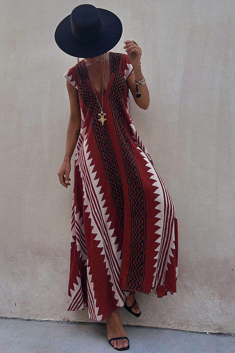 Beach Dates Ethnic Print A-line Maxi Dress Red