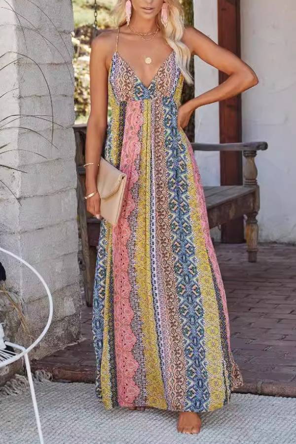 Colorful Printed Deep V-Neck Backless Strappy Maxi Dress