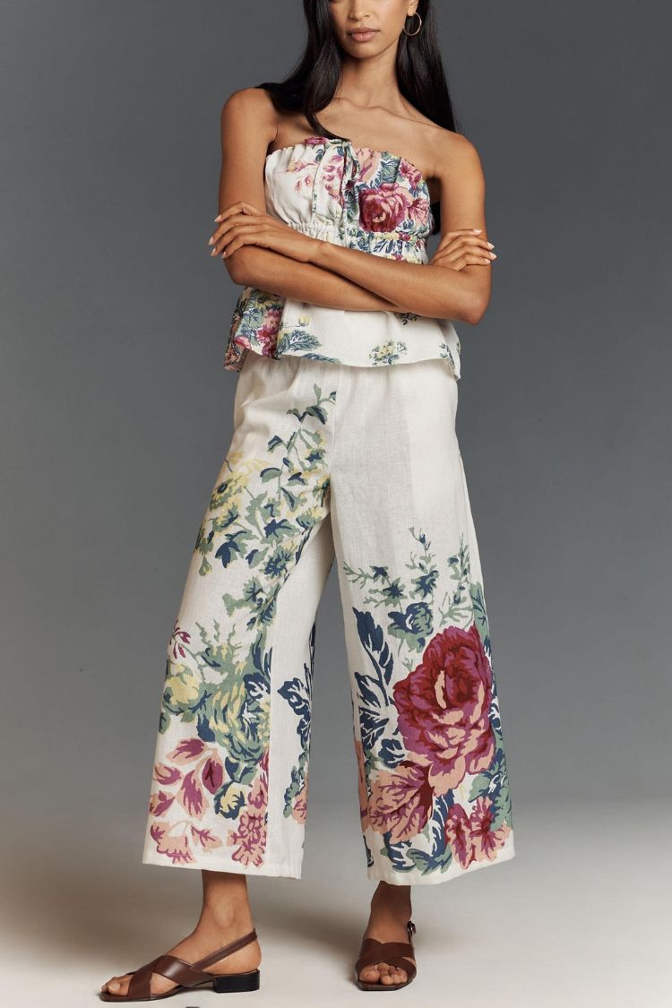 In To The Summer Linen Blend Floral Print Elastic Bandeau and Elastic Waist Pocket Loose Pants Set