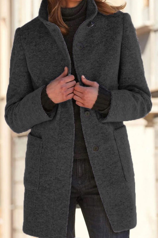 Retro Solid Color Button Stand Collar Wool Jacket Black