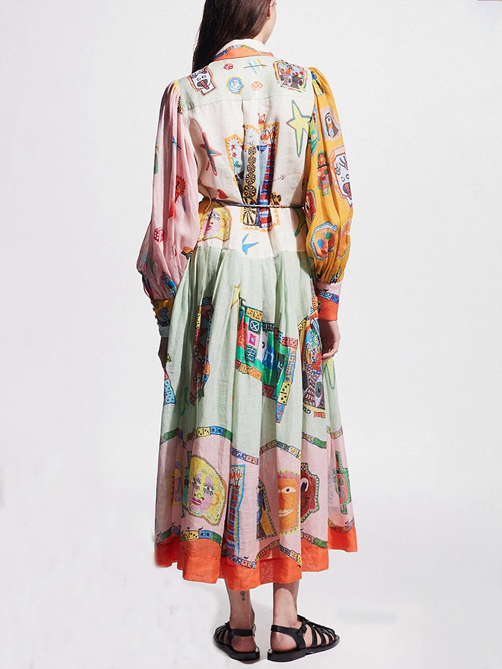 Einzigartiges Print-Farbblock-Midikleid mit Ballonärmeln und Gürtel