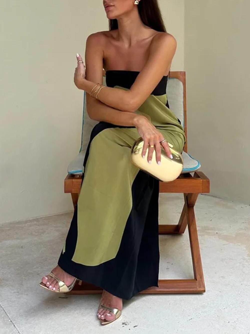 Robe longue imprimée sans manches à épaules dénudées et contraste tendance