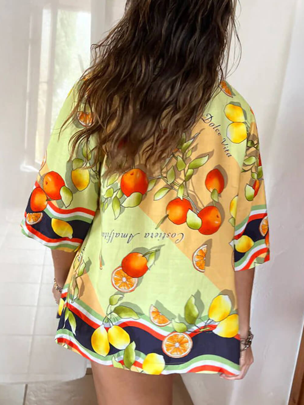 Cardigan moderne à imprimé citron, chemise à revers simple boutonnage