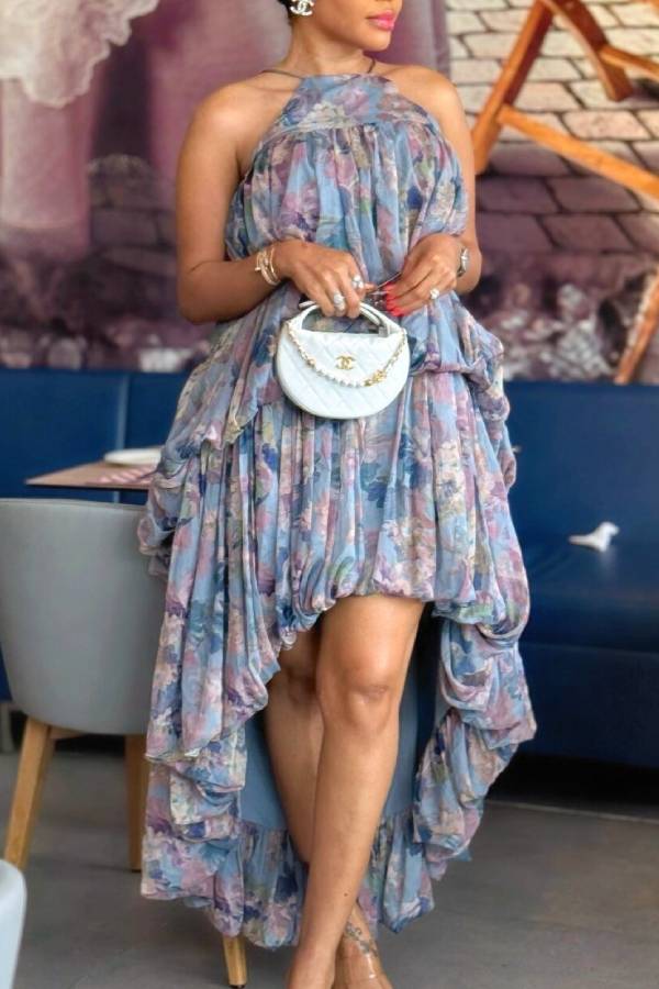 Halter Floral Print High‑Low Ruffle Dress