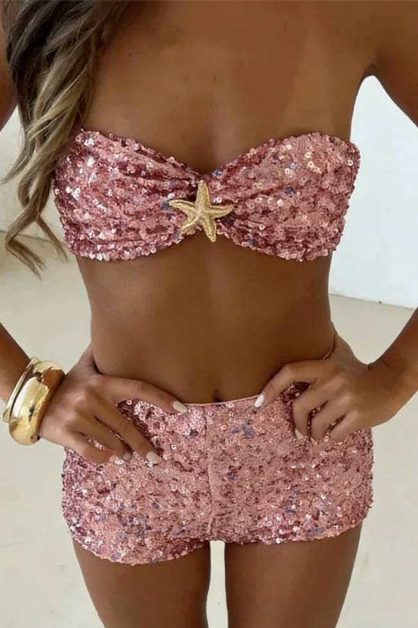 Stylish Sequined Starfish Embellished Top and Casual Slim-fit Shorts Set