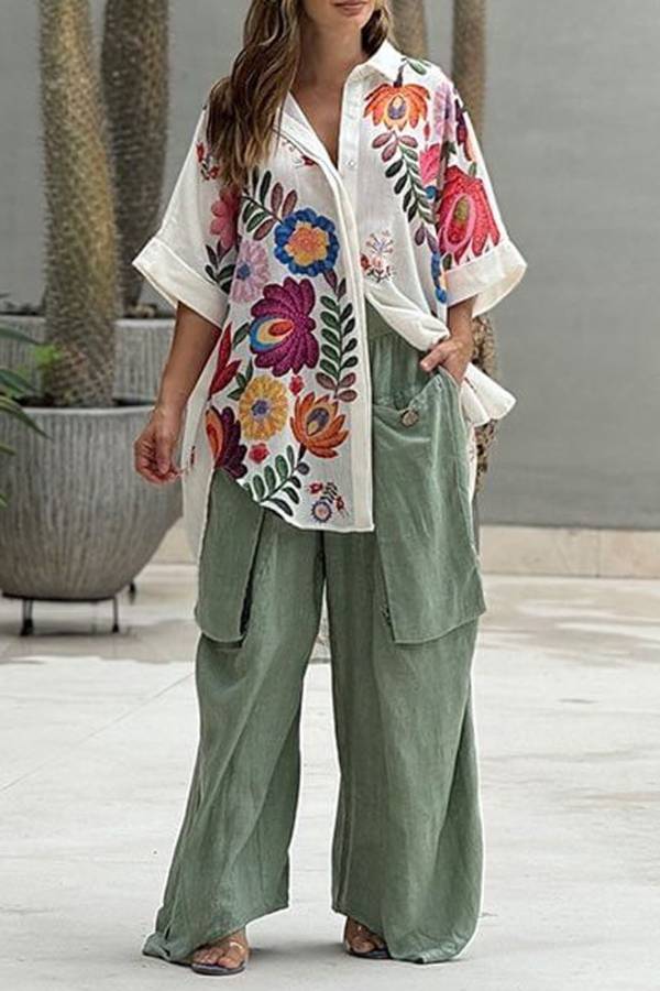 Casual Printed Shirt & Pocket Pants Two-Piece Set Green