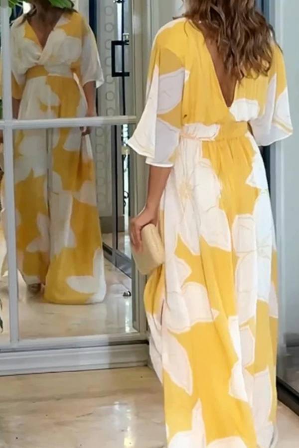 Yellow Base Big Floral V Neck Open Back High Slit Vacation Maxi Dress