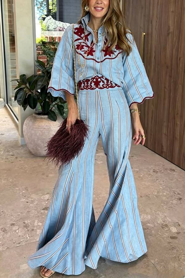 Delirio Linen Blend Floral Embroidery and Stripes Print High Rise Flare Hem Pants