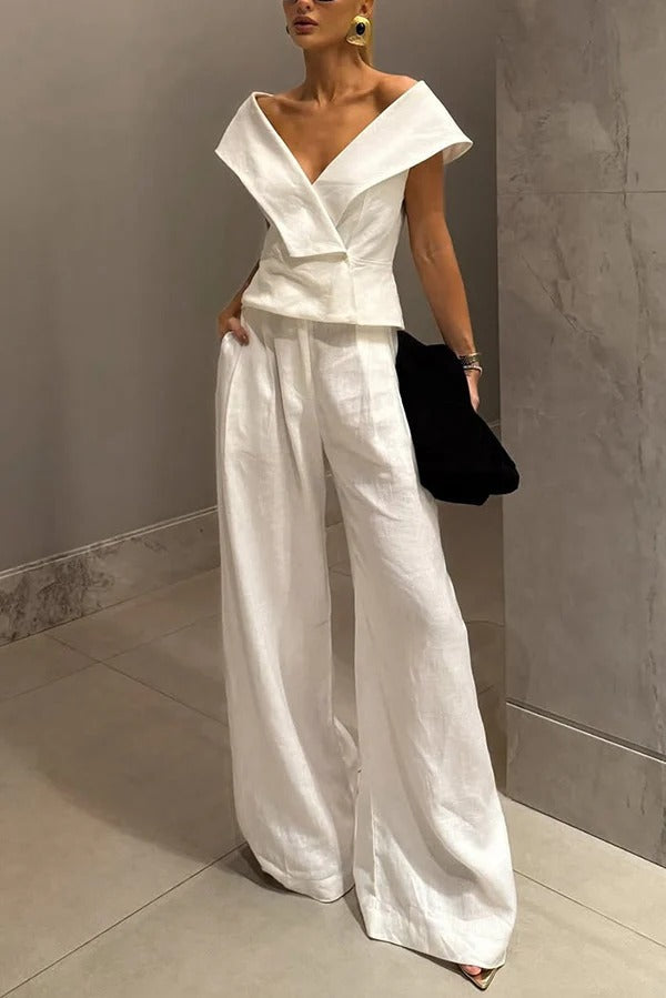 Velena Linen Blend Button Up Lapel Top and High Rise Pocket Wide Leg Pants Set