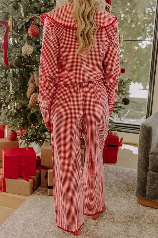 Nutcracker Charm Embroidered Gingham Loose Shirt and Elastic Waist Pajama Set
