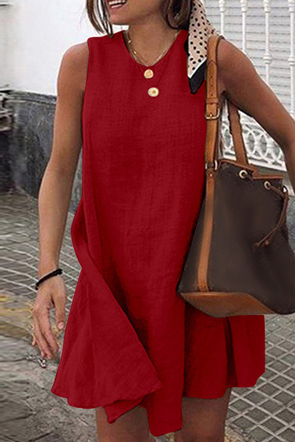 Round Neck Sleeveless Solid Cotton Linen Mini Dress Red