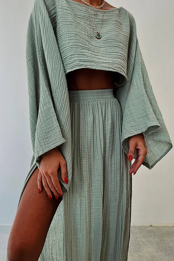 Chic Slit Cotton and Linen Casual Two-piece Set Green