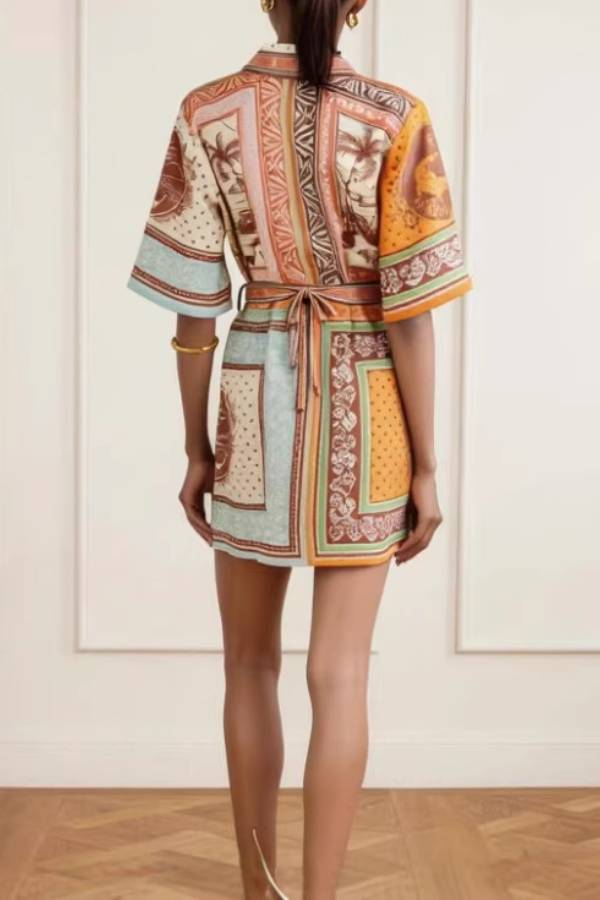 Patchwork Tropical Print Tie-Waist Shirt Mini Dress