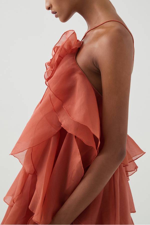 Free - Flowing Rose Detail Tiered Ruffles Halter A-line Maxi Dress