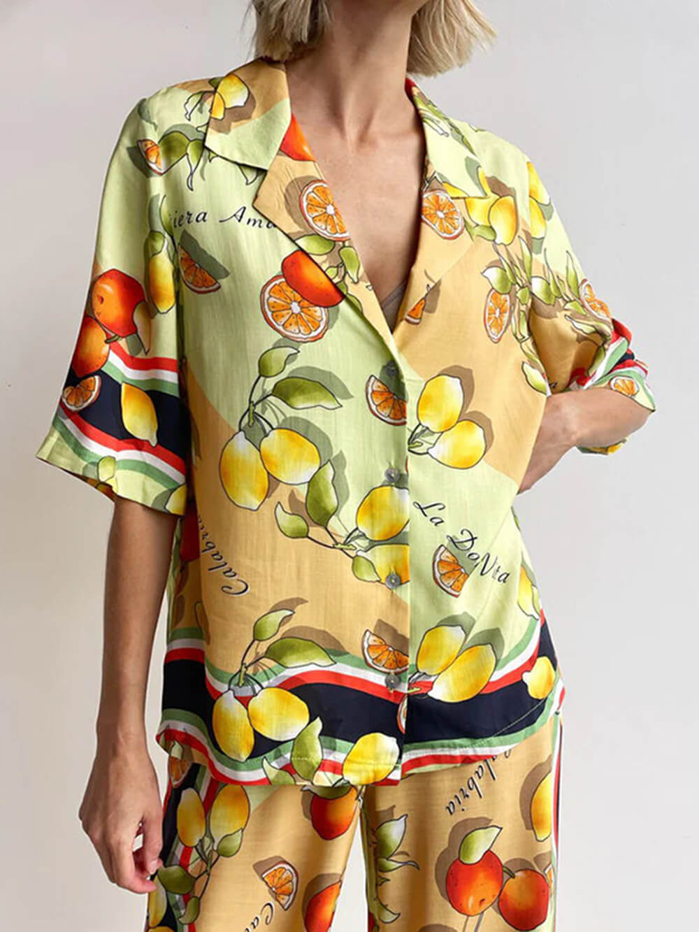 Cardigan moderne à imprimé citron, chemise à revers simple boutonnage