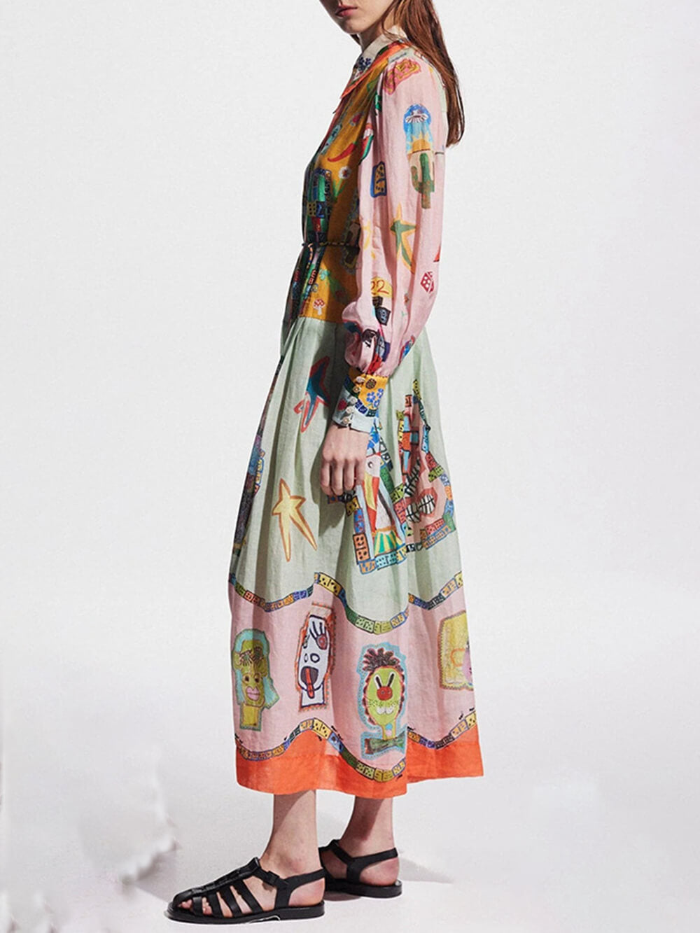 Einzigartiges Print-Farbblock-Midikleid mit Ballonärmeln und Gürtel