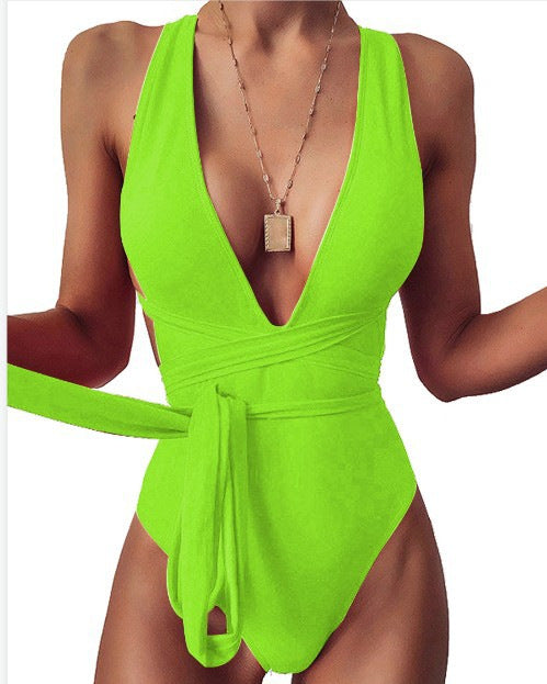 Deep V-neck Strap One-piece Swimsuit Fluorescent yellow