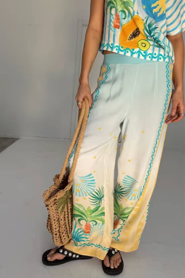 See You in Rio Tropical Fruits Print High Rise Elastic Waist Wide Leg Pants Blue