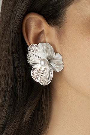 Faux Pearl Decor Oversize Floral Alloy Stud Earrings Earrings Gold2 one size