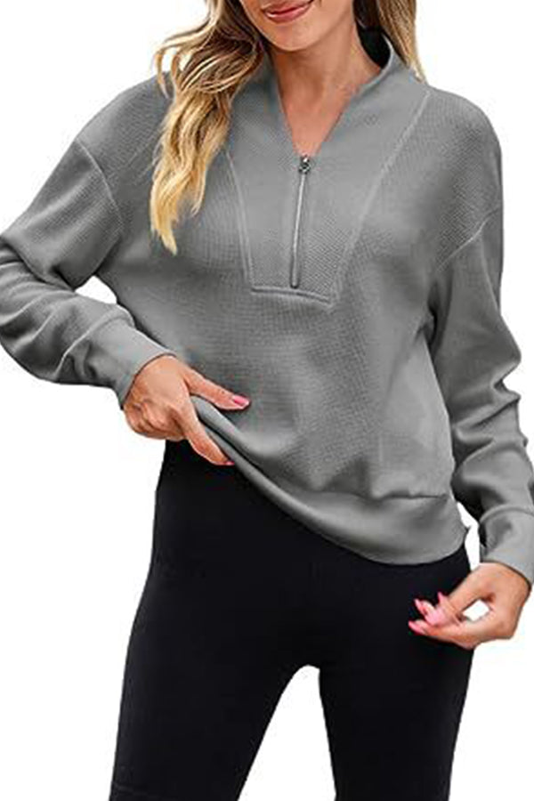 Waffle zipper V-neck pullover long-sleeved sweater Grey