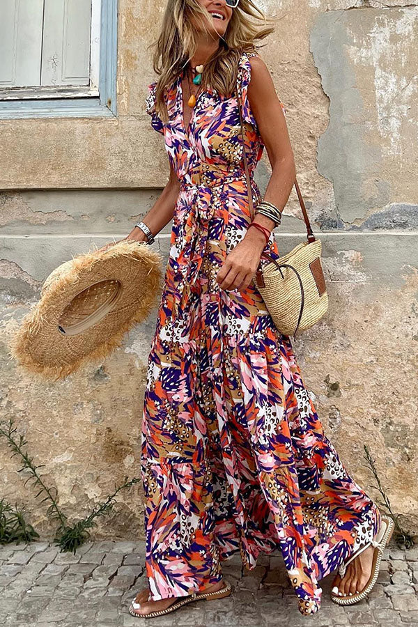 Sleeveless V Neck Swing Dress multicolor