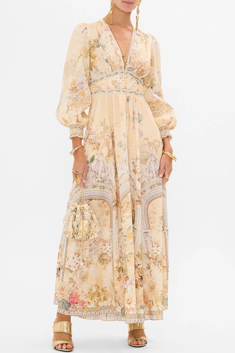 Printed V-neck Long-sleeved Puff Sleeve Waist Maxi Dress Yellow