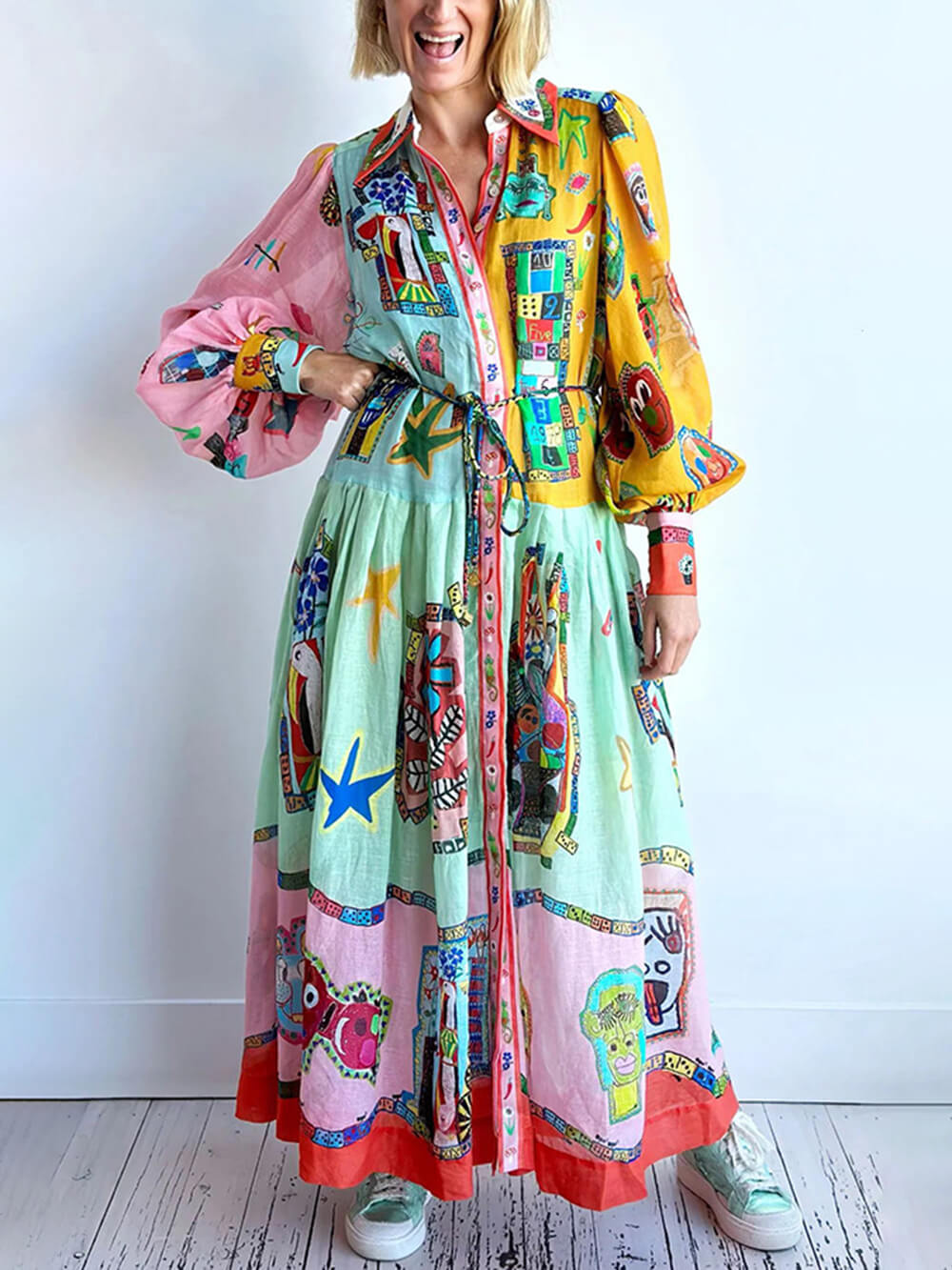 Einzigartiges Print-Farbblock-Midikleid mit Ballonärmeln und Gürtel