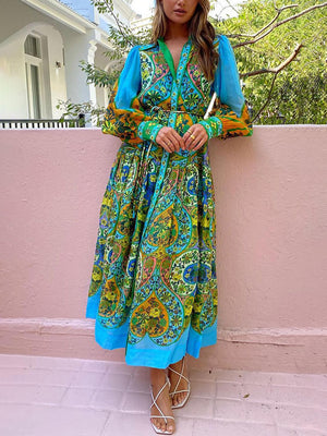 Robe cardigan à imprimé ethnique et manches longues à revers et lacets