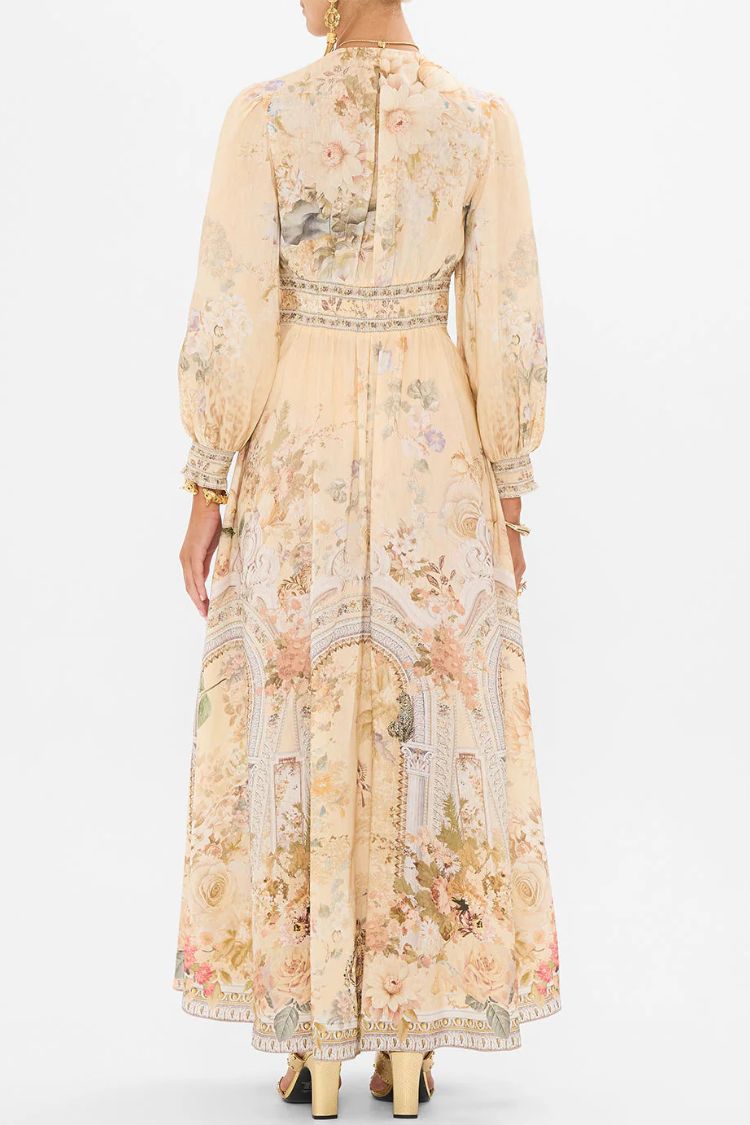 Printed V-neck Long-sleeved Puff Sleeve Waist Maxi Dress