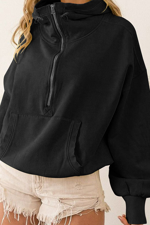 Zip Drawstring Long Sleeve Hoodie Black