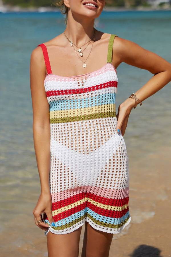 Colorful Striped Openwork Crochet Strappy Mini Dress