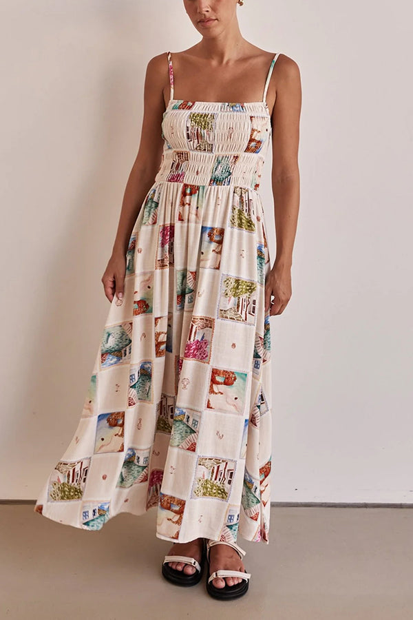 Unique Print Elastic Pleated Long Dress with Straps and Backless multicolore