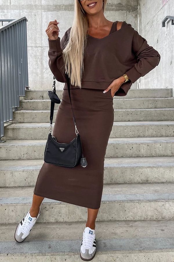 Around The World Hooded Sweatshirt and Slip Maxi Skirt Two Piece Set Coffee
