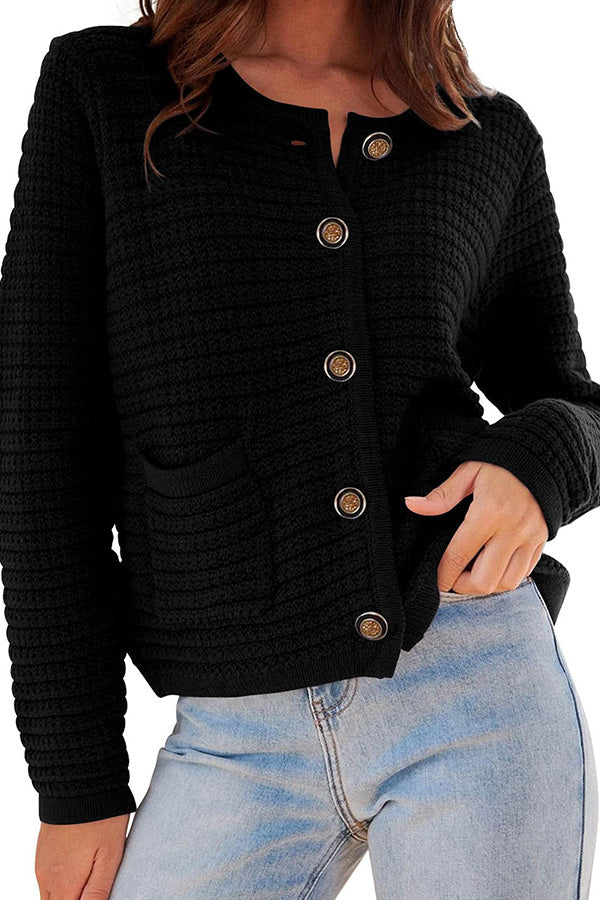 Retro long-sleeved round neck knitted new cardigan Black