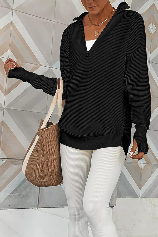 Half-Zip V-Neck Relaxed Rib-Knit Sweater Black