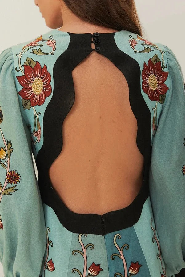 Flowing Beauty Linen Blend Floral Print Balloon Sleeve Open Back Midi Dress