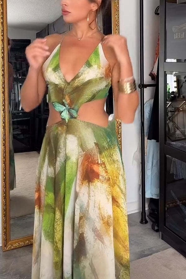 Sexy Maxikleid mit Schmetterlingsverzierung auf der Rückseite und Schnürung und Schlitz für den Urlaub 