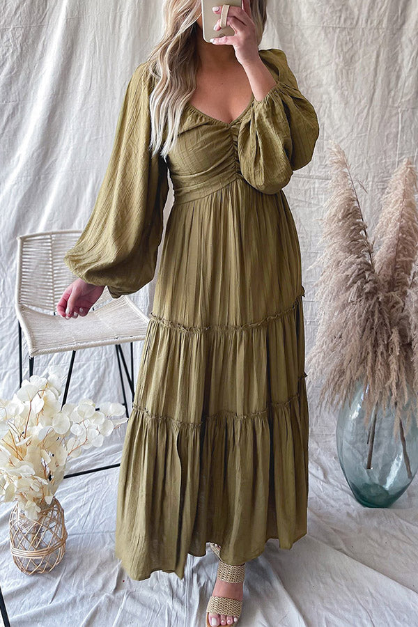 Green V Neck Bowknot Cutout Frill Tiered Maxi Dress Green