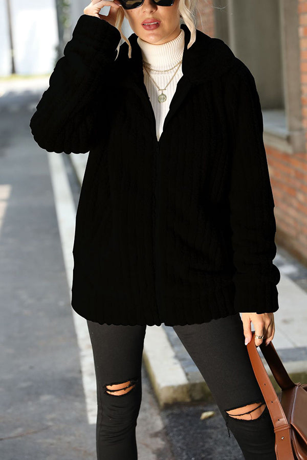 Lapel Collar Zipper Long Sleeve Solid Color Mid-length Double-sided Plush Jacket Black