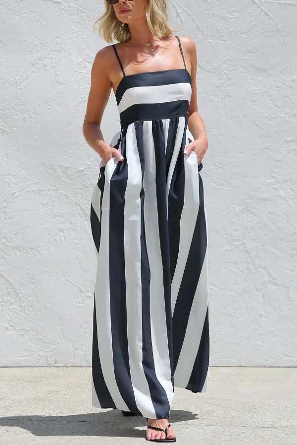 Color-blocked Striped Print Square Neck Suspender Casual Pocket Maxi Dress